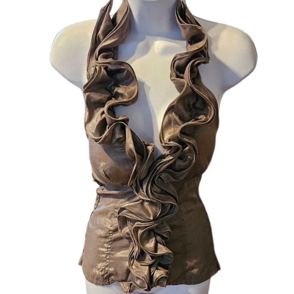 Poetry Clothing Women's Elegant Brown Metallic Ruffled Halter Top Size S